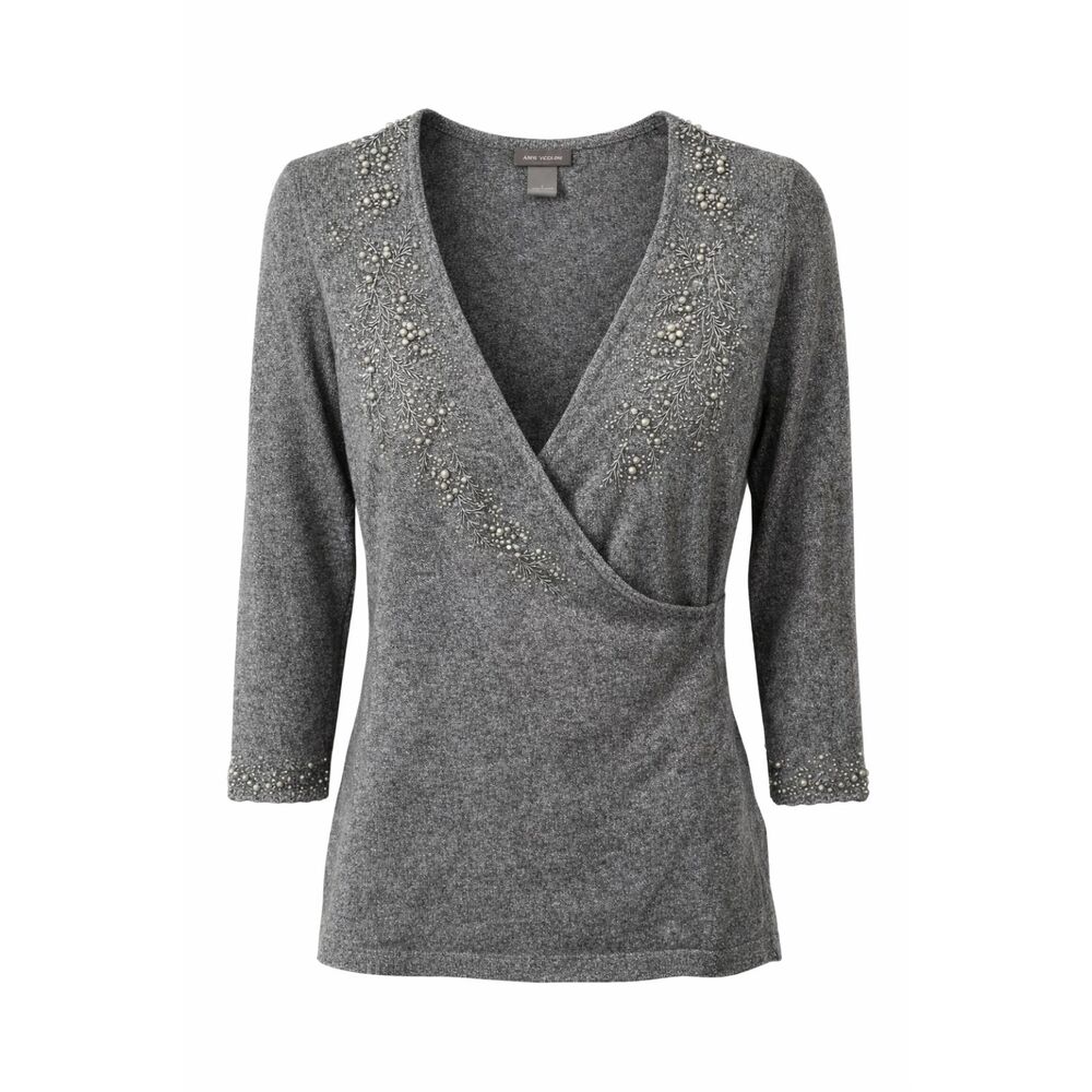 Ann Taylor Beaded V-Neck Sweater Top Gray Embellished 3/4 Sleeve Size L